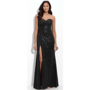 La femme 2 black strapless sequin gown side slit prom ruched formal dress event